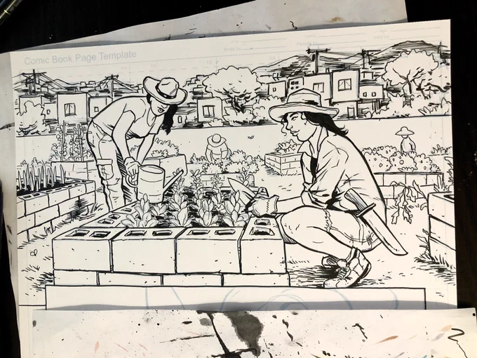 It's a record breaking 108° in Corvallis and I'm trying not to sweat on this page I'm inking. 