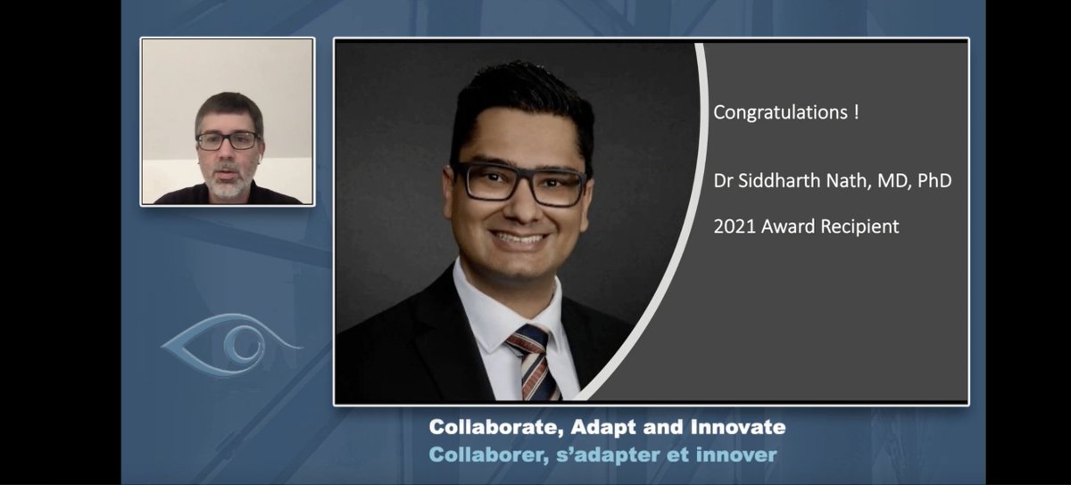 Sid_Nath's tweet photo. Honoured to receive the Alain P. Rousseau Award from the Fondation des maladies de l'oeil at the 2021 @CANeyeMDs annual meeting. Grateful for the Fondation's recognition of our research and looking forward to hopefully celebrating in-person with colleagues next year! https://t.co/9rbfValVeN