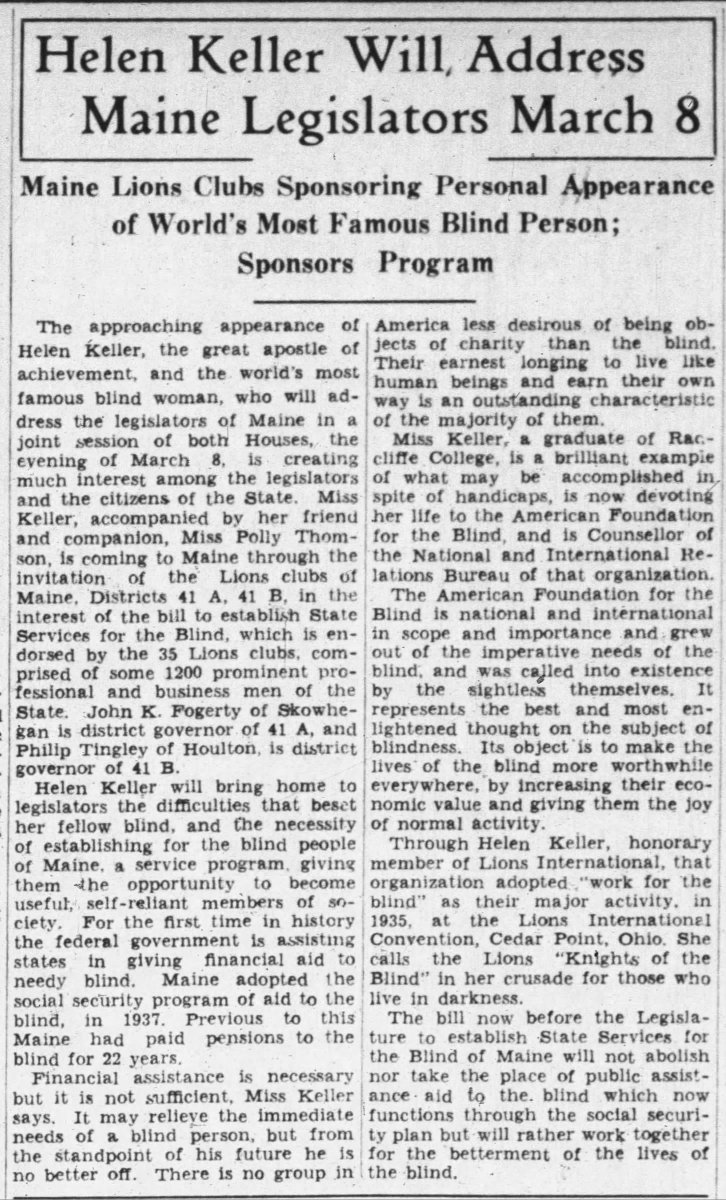 trmacmillan's tweet photo. In honor of #HelenKeller's birthday, here is a story about her planned speech to the Maine Legislature in 1939. #mepolitics #mehistory https://t.co/mRTWsaamM3