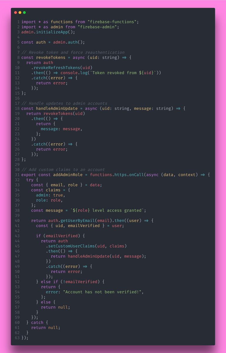 KlutchDev's tweet image. Set @Firebase auth #customClaims through the use of a #CloudFunction, the #adminSDK,  and @typescript or @JavaScript. By revoking the users auth token after setting the custom claims it forces the user to re-authenticate immediately,  which applies the changes.
#Firebase #TS #JS