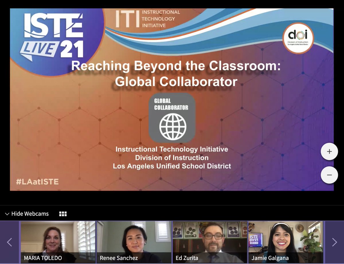 MMToledoLAUSD's tweet photo. Great interaction in our Reaching Beyond the Classroom: Global Collaborator session from Team @ITI_LAUSD today! Shout out to @Marfran45 &amp; @kinderkeller4 for their inspirational examples on the Global Collaboration continuum! #TeacherLeaderITI #LAatISTE #ITFchat #SDGs #istelive21 https://t.co/Lubaf2Rb5s