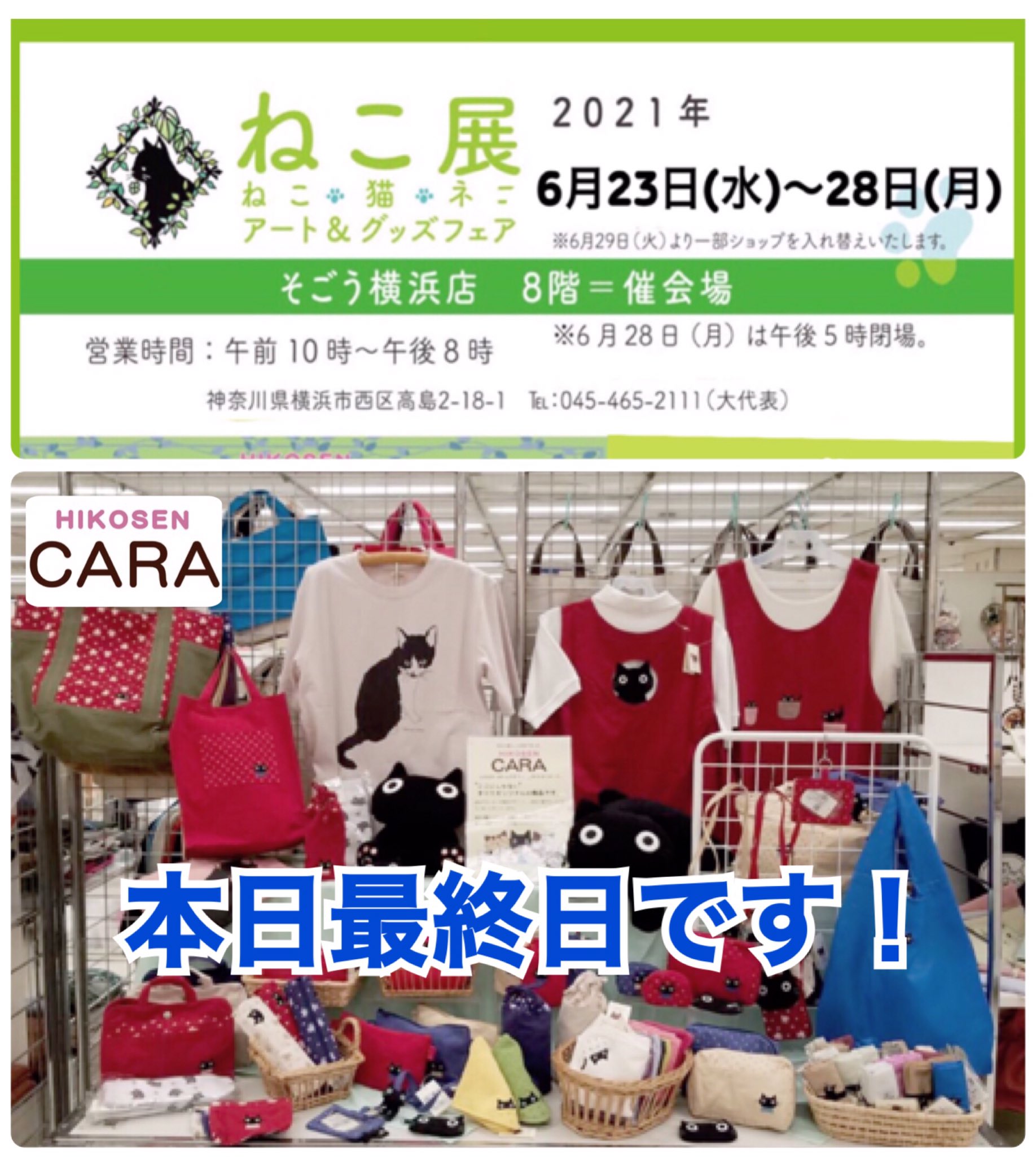 Hikosen Cara 公式 そごう横浜 猫展 21年6月28日 月 本日最終日です 場所 そごう横浜8階催会場 時間 10時 時 楽しい猫グッズをご用意いたしました ぜひお友達足をお運びくださいませ