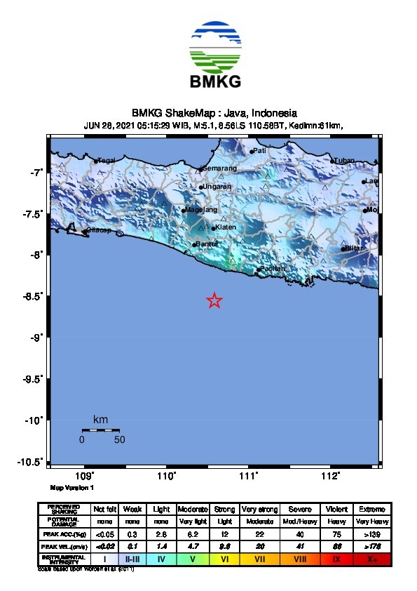Info Gempa Mag:5.3, 28-Jun-21 05:15:29 WIB, Lok:8.49 LS,110.59 BT (55 km BrtDaya GUNUNGKIDUL-DIY), Kedlmn:48 Km, dirskn Bantul,Gunungkidul III-IVMMI, Purworejo,Trenggalek,Tulungagung,Blitar,Nganjuk IIIMMI, Sleman,Yogya II-IIIMMI, Klaten,Cilacap,Kebumen,Malang,Solo IIMMI ::BMKG
