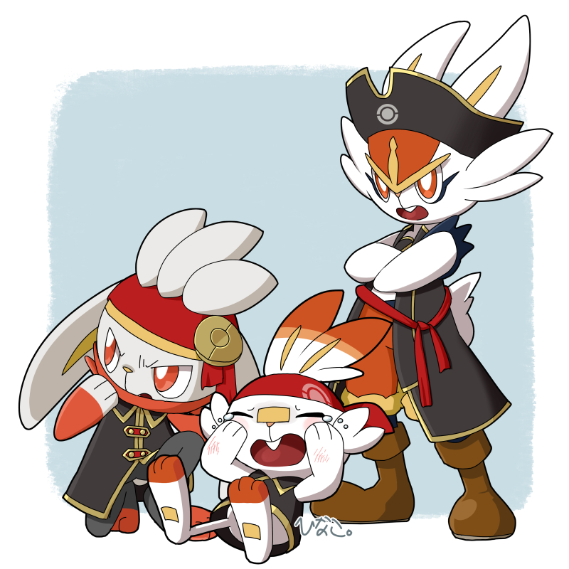 scorbunny clothed pokemon pokemon (creature) open mouth white pupils hat bright pupils crossed arms  illustration images