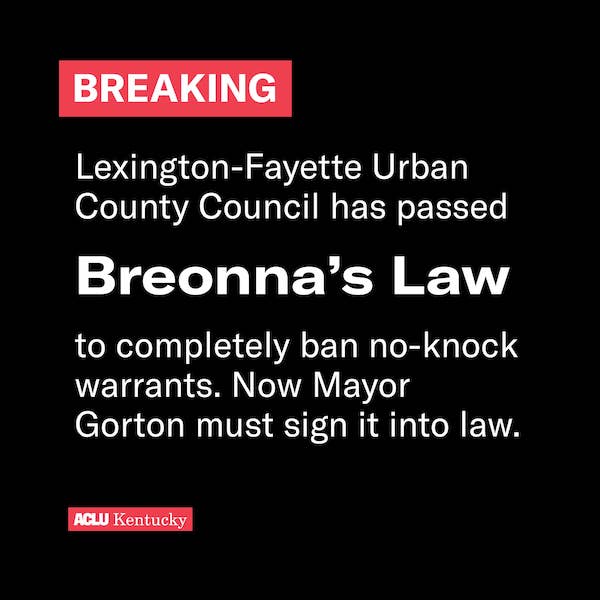 AttorneyCrump's tweet image. YES! The Lexington council has passed Breonna’s Law, which would ban no-knock warrants! Now, we need your help to urge Mayor Linda Gorton to sign it into law!! Ask her for her support by emailing Mayor@LexingtonKY.gov or calling (859) 258-3100. Let’s keep Bre’s memory alive!