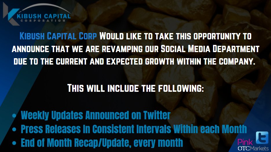 Kibush Capital Corp $DLCR Would like to take this opportunity to announce that we are revamping our Social Media Department due to the current and expected growth within the company. Expect regular weekly updates via twitter and consistent press releases to track our growth!