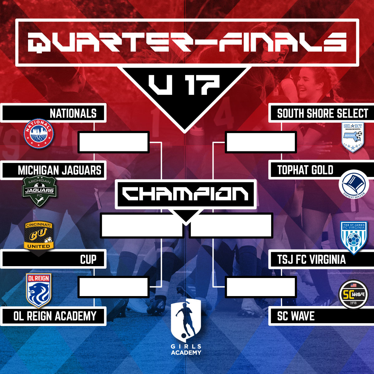 Matchups for the U17 QUARTER-FINALS on Tuesday, June 29!! 😃😃 Best of luck to all the players!! 🙌 #GACA21 #GARising #AttackTheGame #ForThePlayers