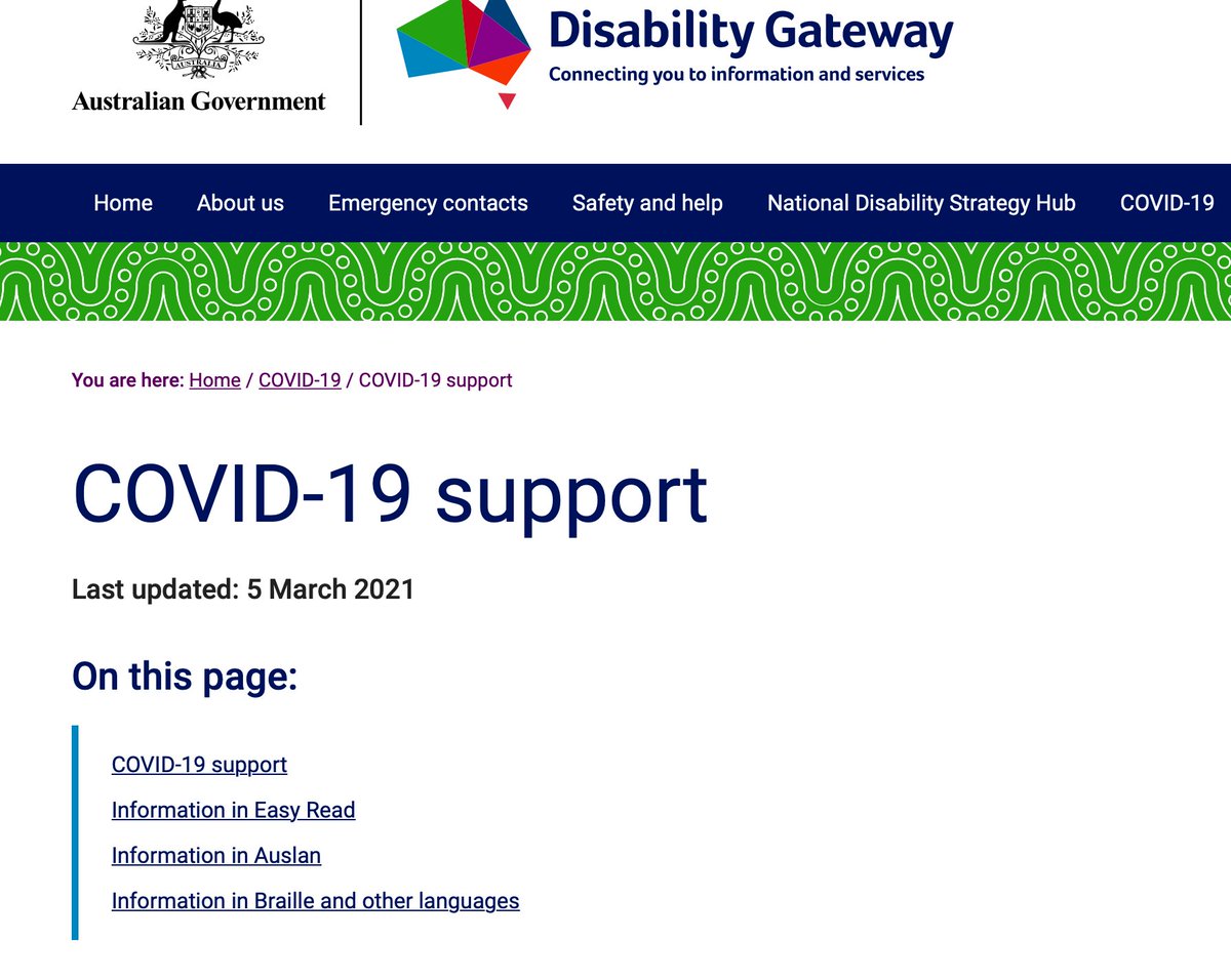 The National Disability Gateway last updated their #COVID19 page on March 5!! 

Is there any help or further info for people w disability in #SydneyLockDown right now? 

@dana_advocacy @PWDAustralia @Anne_Ruston @DRC_AU 

#CommunicatingCOVID19 #DisabilityInformation