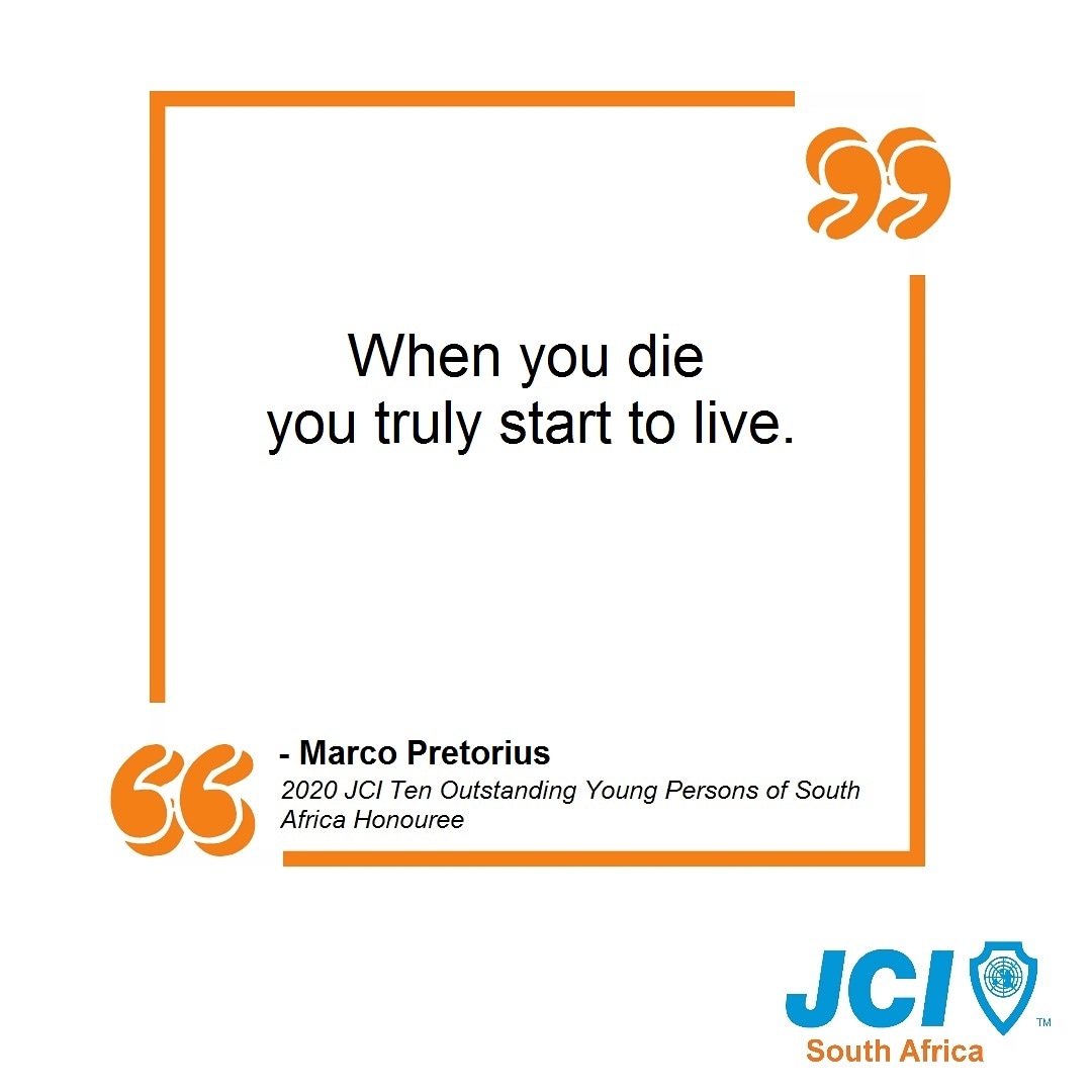 JCISouthAfrica's tweet photo. Marco Pretorius says: I live by this quote knowing that life will end at any moment and that the things I do today will affect those that come tomorrow.
#JCI #JCISA #JCISouthAfrica #motivationmonday #quotes #quoteoftheday #CovidorNotHereWeCome
https://t.co/3pHDUMoEgX https://t.co/06siOOJ3gk