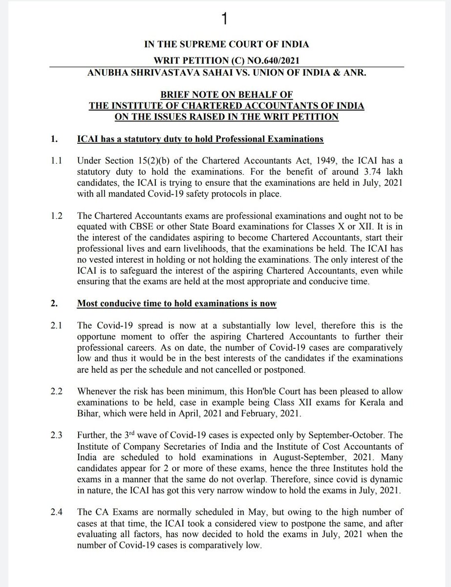 LiveLawIndia's tweet photo. CA Exams :  ICAI @theicai files note in Supreme Court.

"As on date, the number of #Covid cases are comparatively low and thus it would be in the best interests of the candidates if exams are held as per the schedule and not cancelled or postponed"

  #caexams2021 @anubha1812 https://t.co/zUAGKniJBg