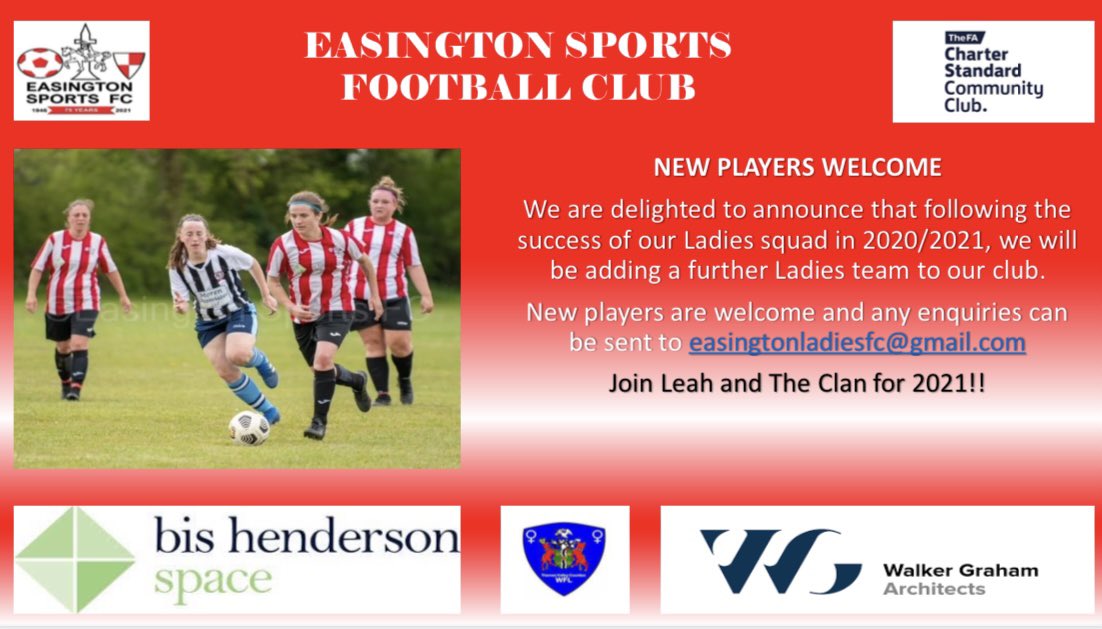 Open training sessions for our Ladies and Ladies Development squads will start on Sunday July 11th at 11am at ESFC.

New players aged 16 years and older welcome. 

For more information please contact easingtonladiesfc@gmail.com