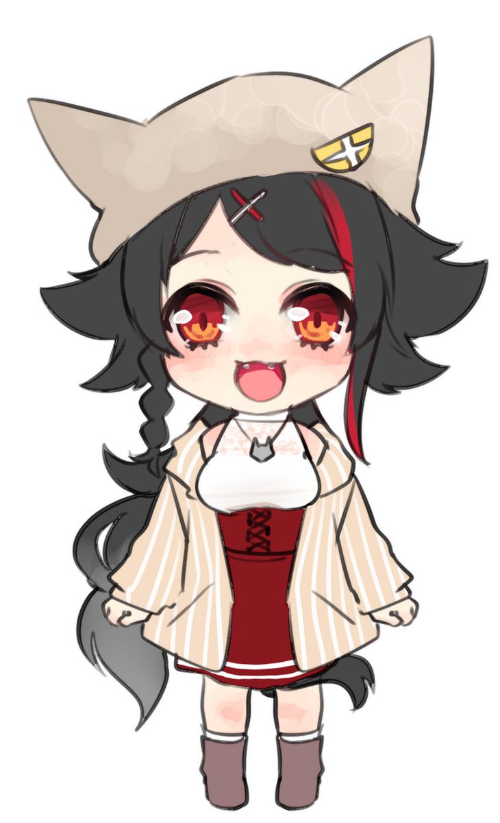 ookami mio 1girl solo black hair chibi red hair animal ears wolf ears  illustration images