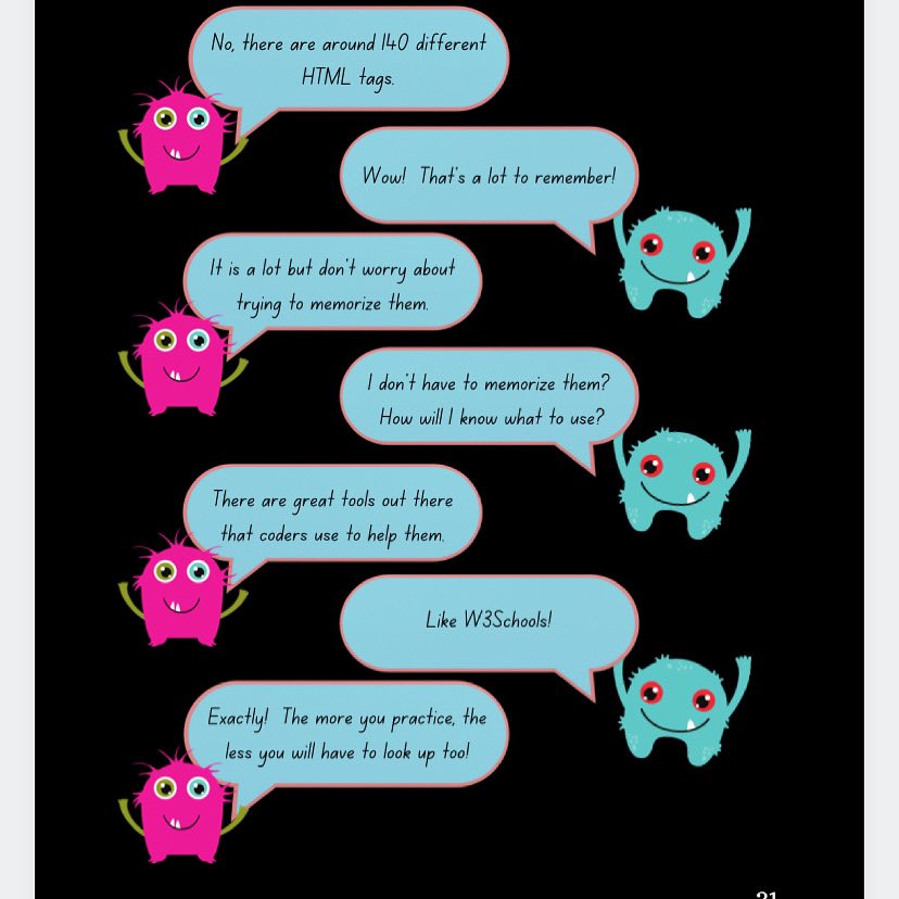 PenwellTasha's tweet photo. Page from a book that I’m working on….
Hopefully one of the big takeaways is understanding that learning shouldn’t be a memorization game. 

@w3schoolsonline 
#monsterkind 
#htmlforkids https://t.co/u8OyZvGooc