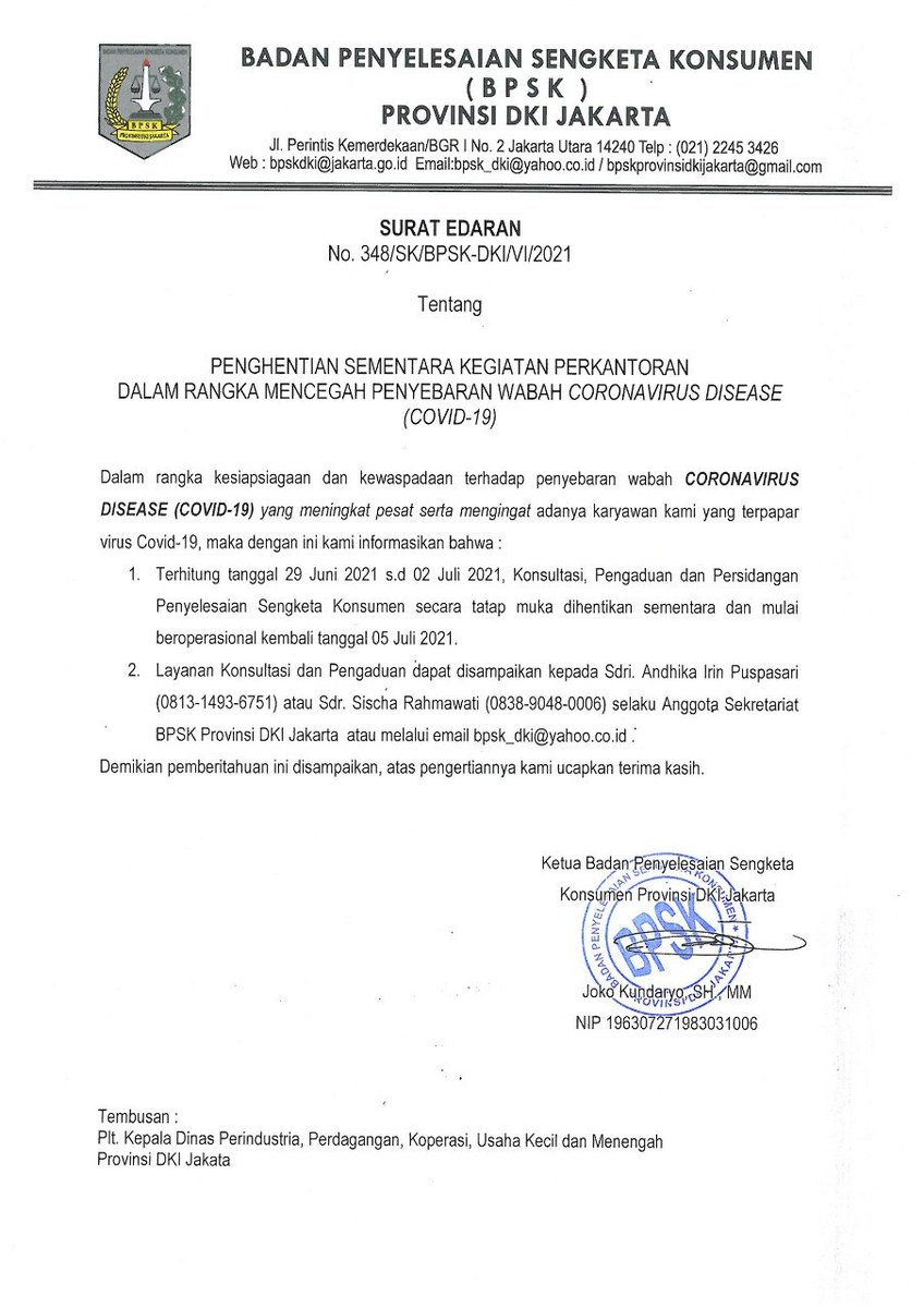 BpskJ's tweet photo. SURAT EDARAN
No. 348/SK/BPSK-DKI/VI/2021

Tentang

PENGHENTIAN SEMENTARA KEGIATAN PERKANTORAN
DALAM RANGKA MENCEGAH PENYEBARAN WABAH CORONAVIRUS DISEASE (COVID-19) https://t.co/BOfr0Ihd7n