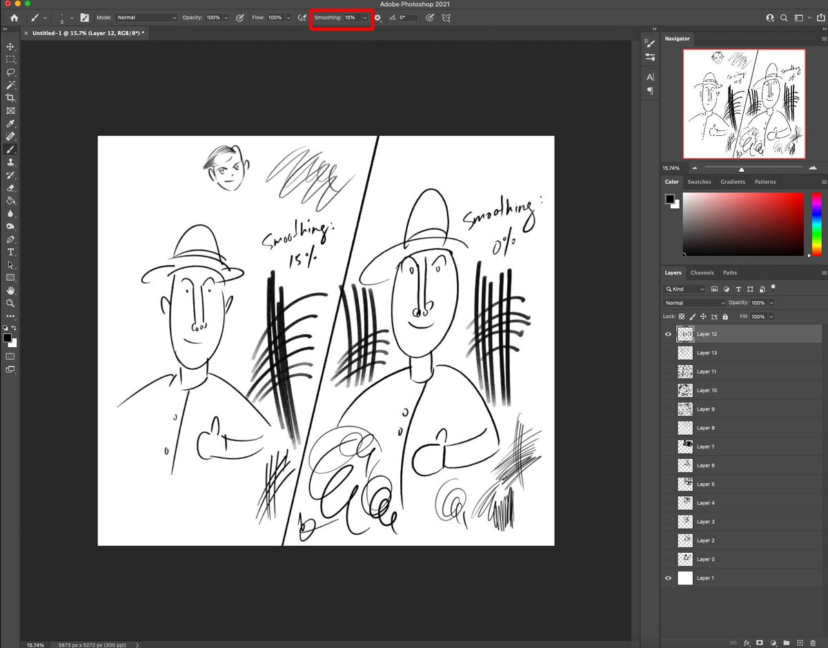 Cons:
-The big con is that the lines will jitter the smaller the brush - I solved this by changing the smoothing on Photoshop from 0% to 15% (see pic)
-Poor tilt function, but it did not impact my drawings
-Sometimes had to press twice for the pen to register 