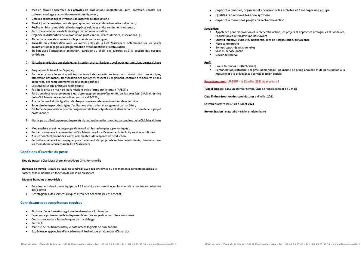 🚨 RECRUTEMENT🚨

👩‍🌾 La cité maraîchère de Romainville recrute en urgence  un.e chef.fe de culture responsable de l’exploitation.

Poste à pourvoir maintenant  pour un CDD de 2 mois pour un premier temps.

Postuler ici👉yconan@ville-romainville.fr

 Plus d'info👇
<a href="/CiteMaraichere/">La Cité Maraîchère de Romainville</a>