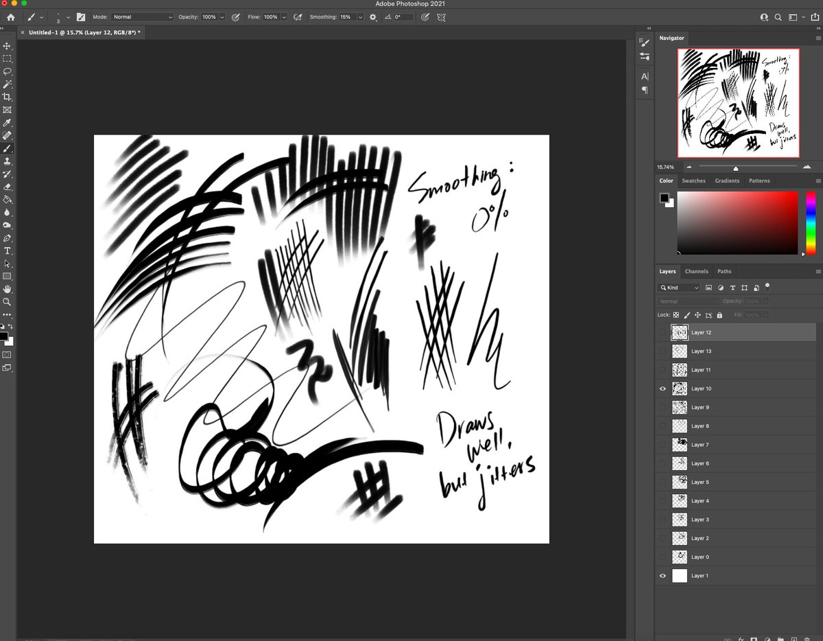 Cons:
-The big con is that the lines will jitter the smaller the brush - I solved this by changing the smoothing on Photoshop from 0% to 15% (see pic)
-Poor tilt function, but it did not impact my drawings
-Sometimes had to press twice for the pen to register 