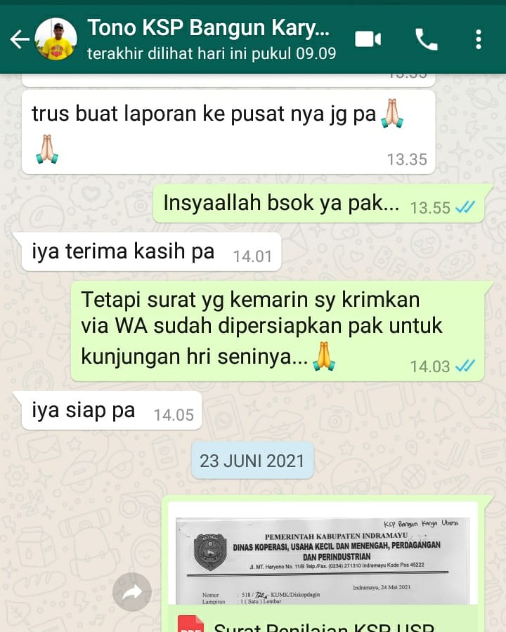 darsimse's tweet photo. Keg. Tgl 23 Juni, menginfokan kpd Manager Cabang KSP Bangun Karya Utama terkait dgn Jadwal Penilaian KSP/USP Koperasi Cabang yg ada di Kab. Indramayu...
#cooperativecyberactivator 
#penyuluhkoperasikemenkopri 
#depcoop 
#ppklkemenkopumkri 
#ppkljawabarat 
#ppklindramayu https://t.co/PsLu2rE54j