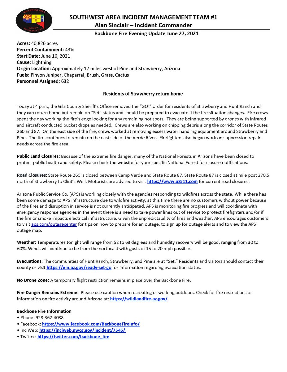 backbone_fire's tweet image. #Backbonefire2021 Evening Fire Update for June 27, 2021
inciweb.nwcg.gov/incident/artic…
U.S. Forest Service - Coconino National Forest