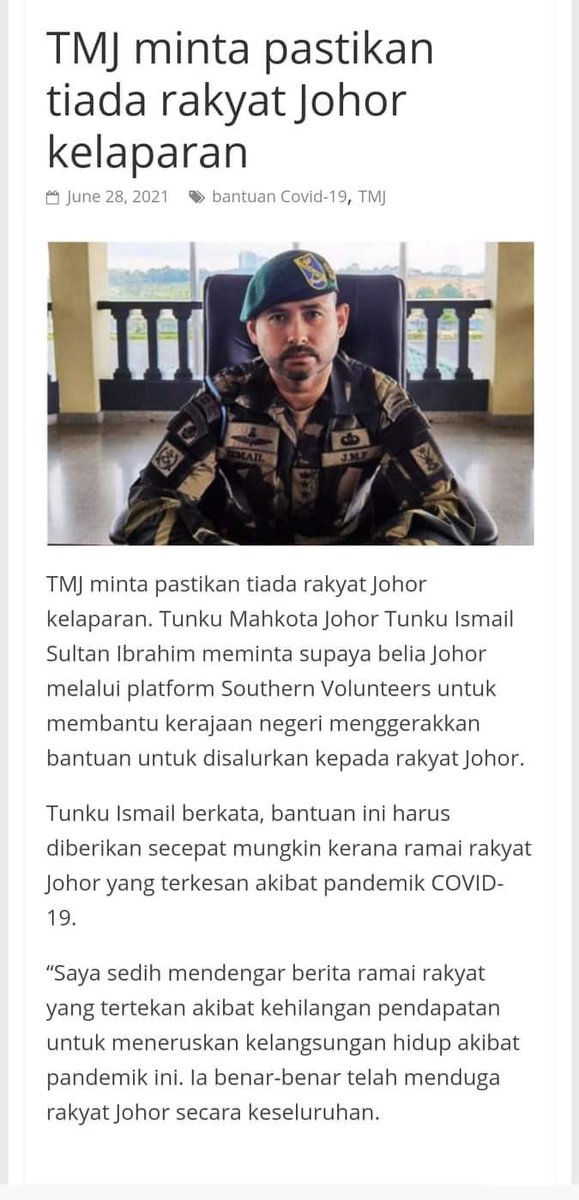 HRHJohorII's tweet photo. DYAM TMJ minta pastikan tiada rakyat Johor kelaparan. Tunku Mahkota Johor Tunku Ismail Sultan Ibrahim meminta supaya belia Johor melalui platform Southern Volunteers untuk membantu kerajaan negeri menggerakkan bantuan untuk disalurkan kepada rakyat Johor.

https://t.co/hGSu88BlJb https://t.co/6IF5MYZXpx