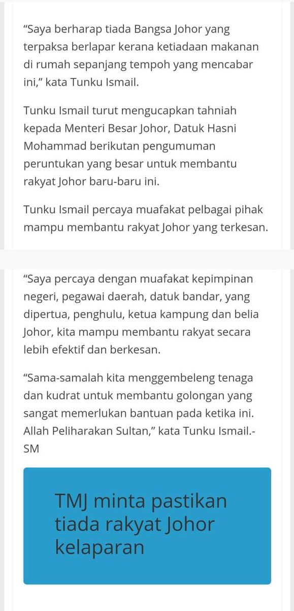 HRHJohorII's tweet photo. DYAM TMJ minta pastikan tiada rakyat Johor kelaparan. Tunku Mahkota Johor Tunku Ismail Sultan Ibrahim meminta supaya belia Johor melalui platform Southern Volunteers untuk membantu kerajaan negeri menggerakkan bantuan untuk disalurkan kepada rakyat Johor.

https://t.co/hGSu88BlJb https://t.co/6IF5MYZXpx