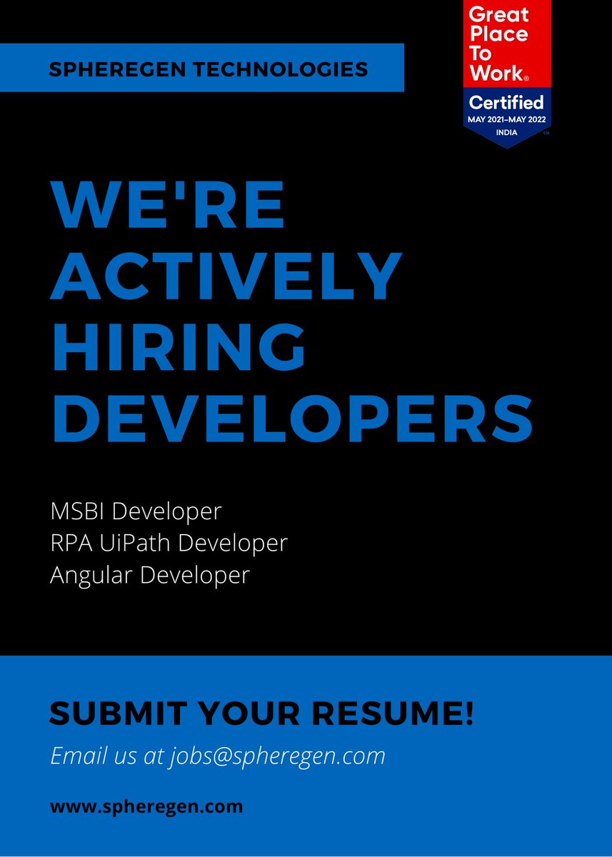 SphereGen's tweet photo. Are you a Developer in the Pune, India area? SphereGen is hiring MSBI, Angular, and UiPath RPA developers to join our "Great Place to Work" certified office.
See our list of open positions here:
https://t.co/OSVQjLqM0Q
#hiring #MSBIdeveloper #indiajobs #recruiting #RPA #UiPath https://t.co/2GoBjj3Adb
