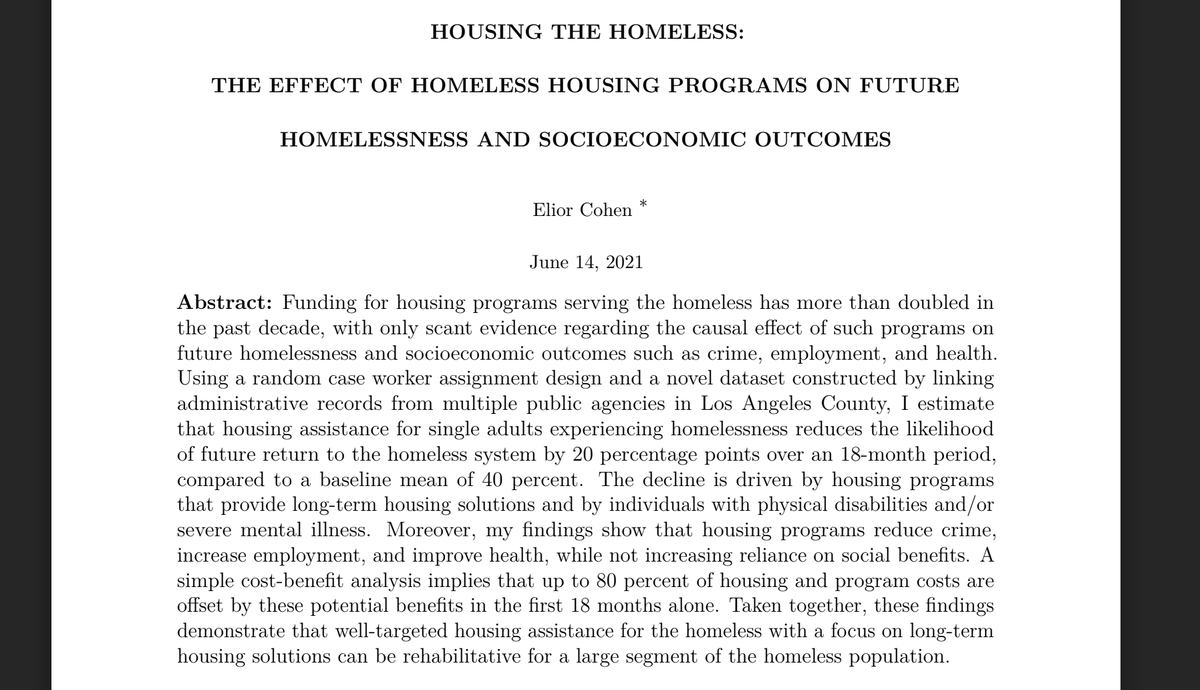 heimbergecon's tweet image. Providing homeless people with housing:

- reduces crime
- increases employment
- improves health
- does not increase reliance on social benefits.

80% of costs are offset by the benefits in the first 18 months:

drive.google.com/file/d/1PSWGvs…