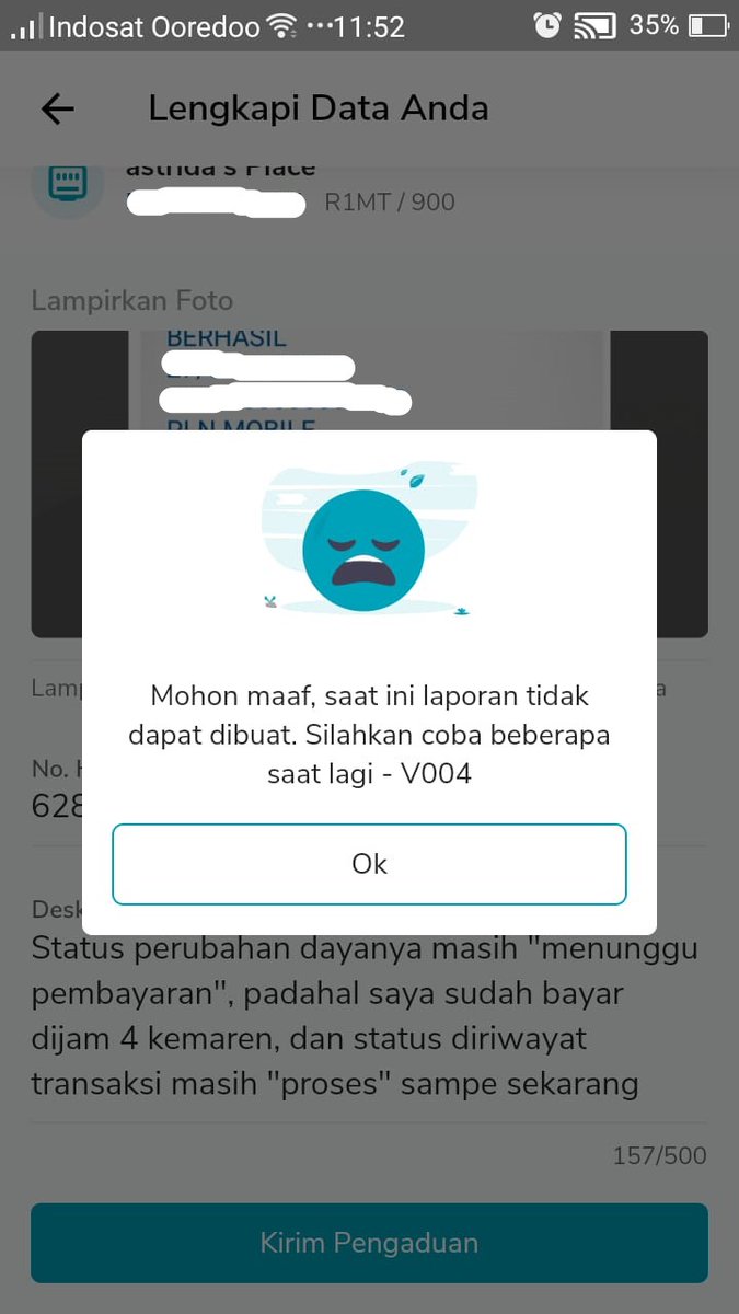 wonkboyolali's tweet photo. @pln_123 minta tolong cek aplikasi PLNnya, saya mangajukan pengaduan dengan "Aplikasi PLN Mobile" tapi ada error seperti digambar https://t.co/WpgrQYplI4