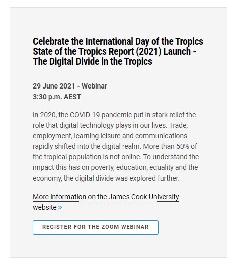 Celebrate the #Tropicsday, State of the Tropics Report (2021) Launch - The Digital Divide in the Tropics; #webinars #wearethetropics, #Stateofthetropics2021
jcu.edu.au/state-of-the-t…