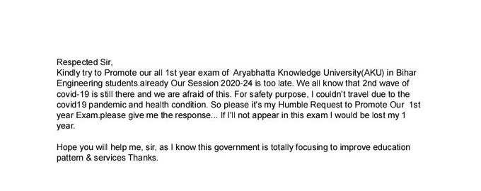 TausifAhmadAns8's tweet photo. @BiharEducation_ @PMOIndia #promote_aku_btech_exam
#online_aku_btech_exam
#BIHAR_ENGINEERING
@AkuEngineers @NitishKumar @VijayKChy @Live_Hindustan @DainikBhaskar @BiharTakChannel
@ZeeBiharNews @narendramodi @BiharEducation_
@pappuyadavjapl @TejYadav14 https://t.co/u8j29Lnbmr