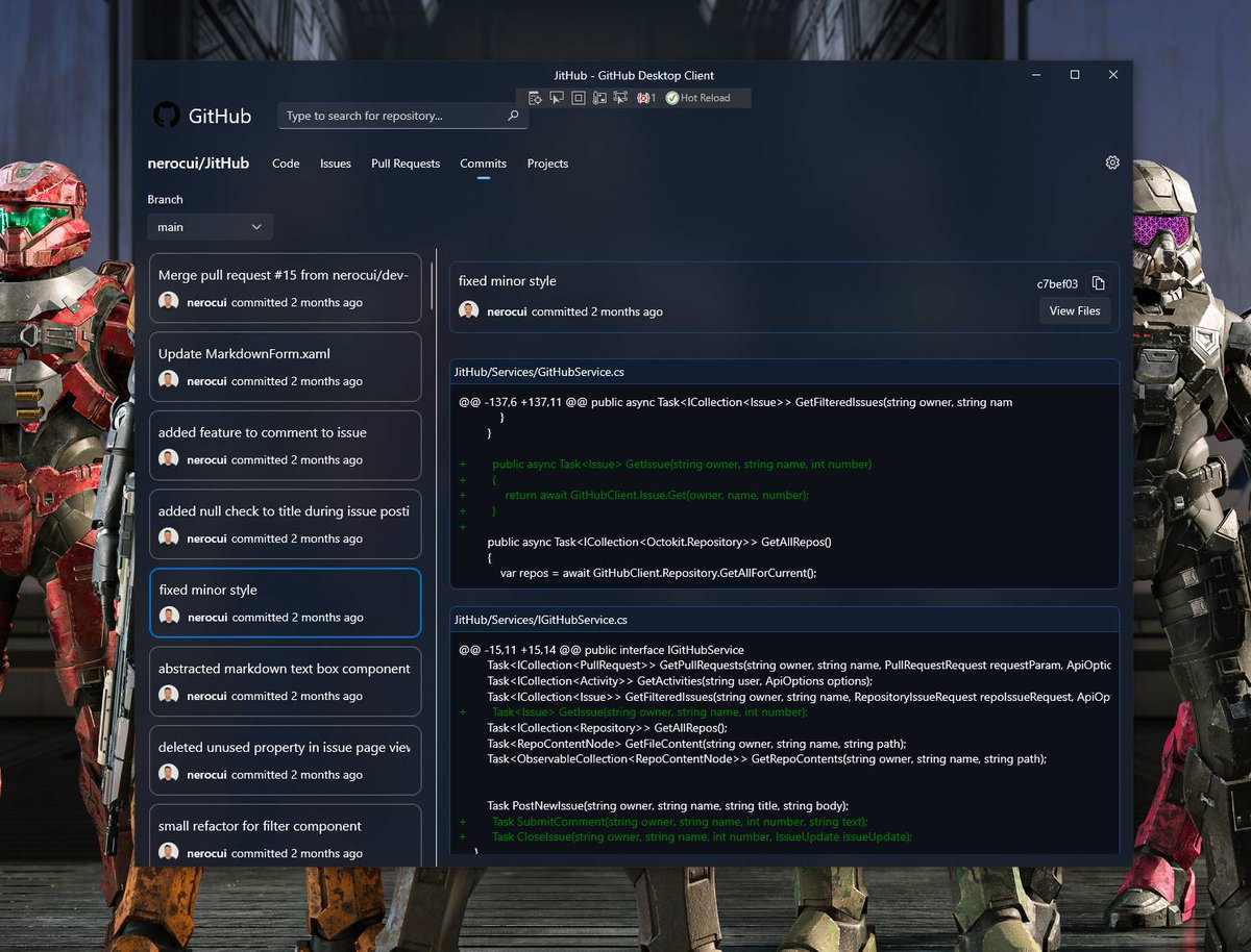 zhuowencui's tweet photo. JitHub is coming along. This is some of the pages in dark mode WinUI 2.6. #GitHub #JitHub #Launch2021 #UWP https://t.co/oa1vQoeiHu