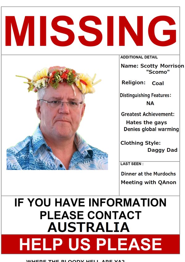 Earth1stlinda2's tweet photo. @Judith54Nunn @ScottMorrisonMP It's that time again, another disaster, another disappearing act from #sQomo
Again we ask....
"Where's Scomo?"
#WheresScotty
#WhereisScotty
#WheresScomo
#auspol https://t.co/F1Gjy8xm7S