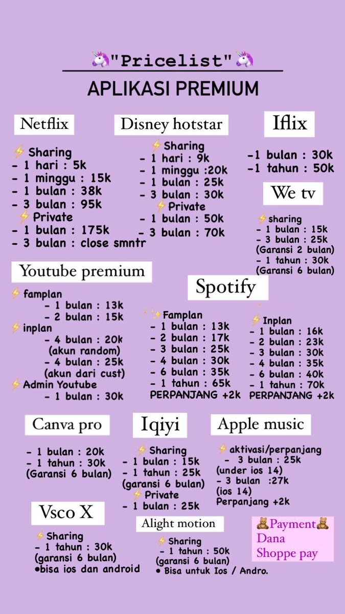 filterminkok's tweet photo. ✨OPEN ORDER APP PREMIUM MURAH ✨
— jual spotify premium, disney hotstar, netflix no vpn , youtube premium, we tv, IQIYI, viu premium, dll.—pricelistnew
#zonauang #zonabu #cuanm maaf ya kakak, aku numpang lapak lgi #ShopeeID lucas, vincenzo, mahasiswa swasta, #Penthouse3Ep4 https://t.co/rhntzVZAPK