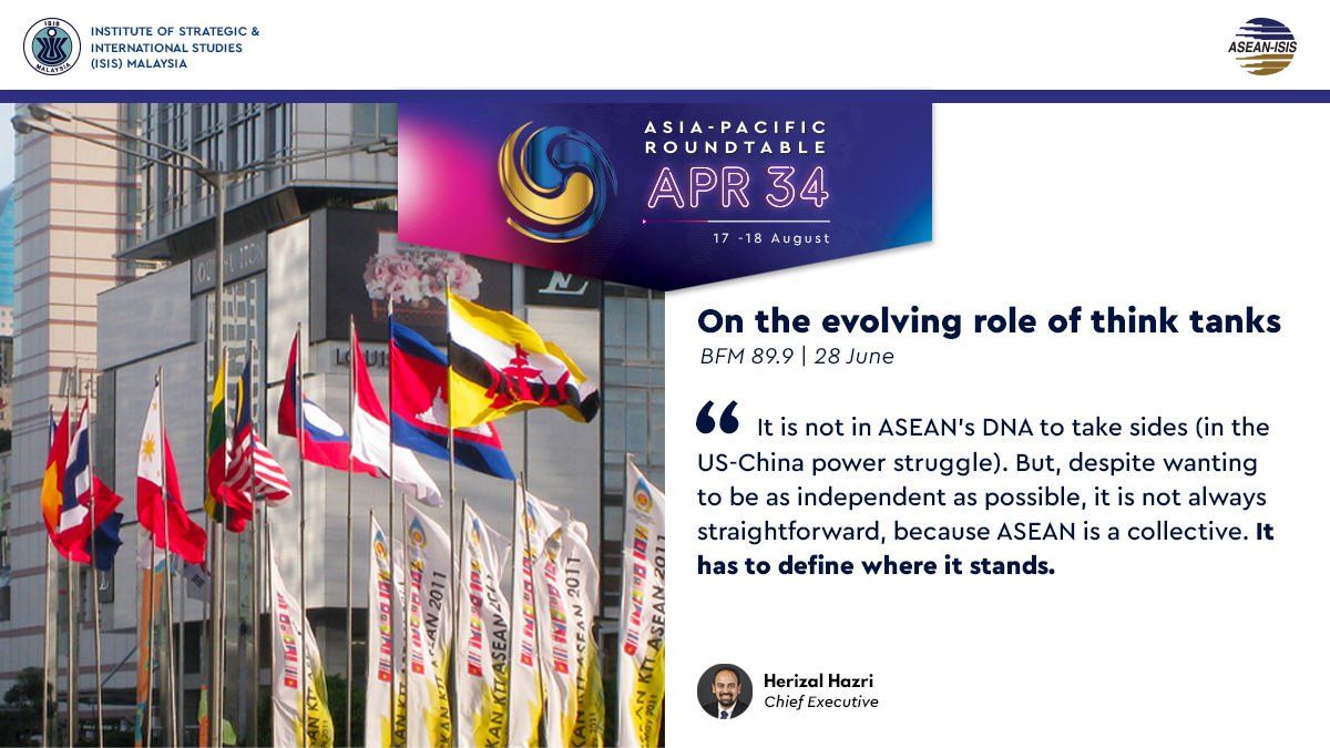 ISIS_MY's tweet photo. Chief executive @herizalhazri discusses how #ASEAN can better thread the needle between China &amp; the US in an interview with @BFMradio this morning. #34APR

His full interview here: https://t.co/nrr8jEjnLO https://t.co/0SFfiyL1JH