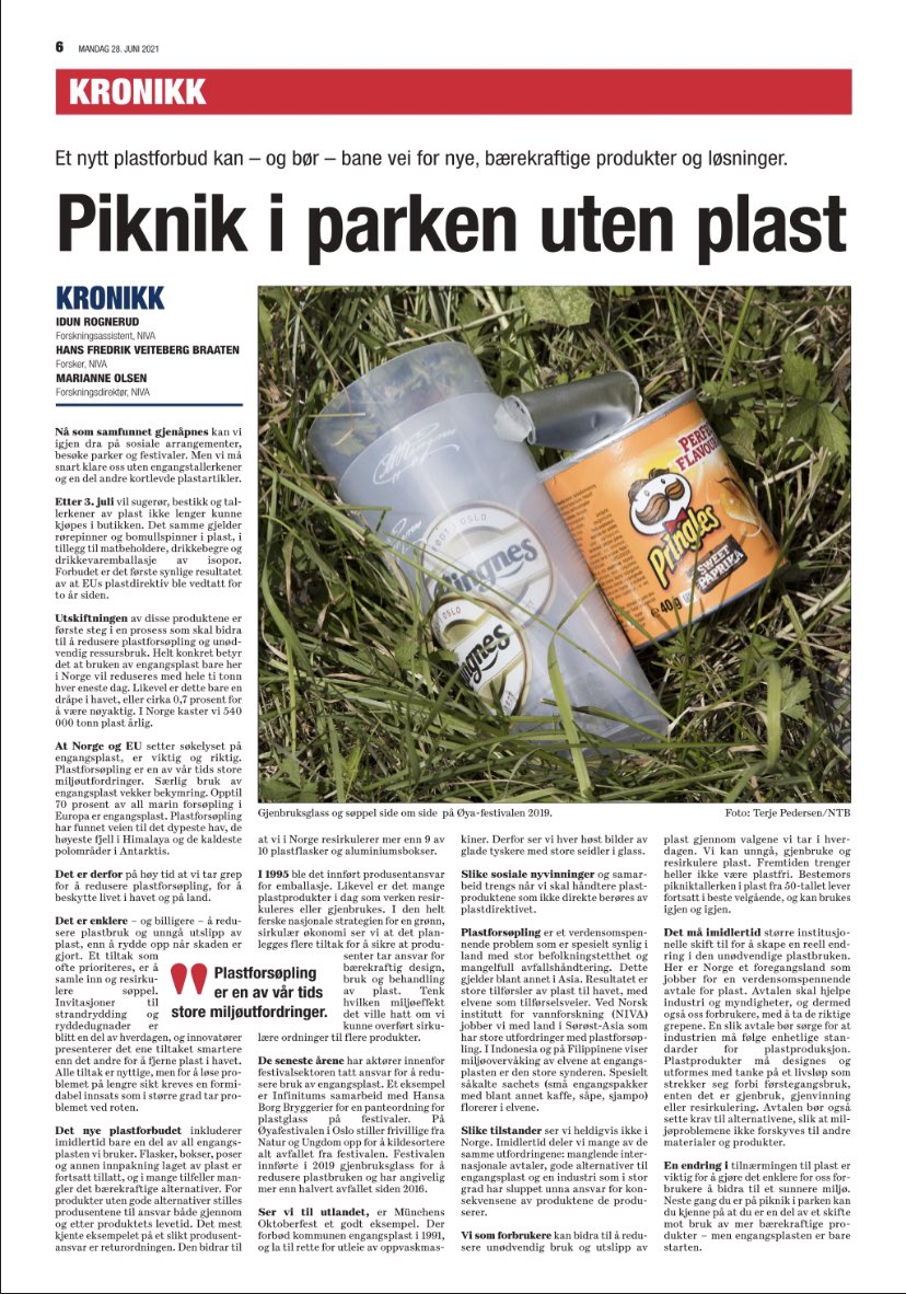 NIVAforskning's tweet image. KRONIKK @Dagsavisen 28/6: Piknik i parken uten plast, av @Idunr, #HansFredrikVeitebergBraaten og #MarianneOlsen