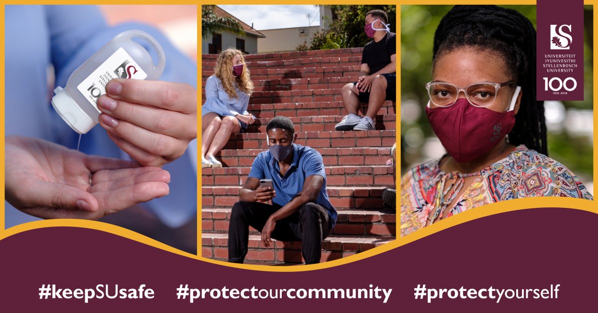 StellenboschUni's tweet photo. Lets work together to #keepSUsafe.
#maskup #sanitise #avoidcontact
Kom ons werk saam en #houUSveilig.
#drajoumakser #ontsmet #vermykontak https://t.co/GyogUppg78