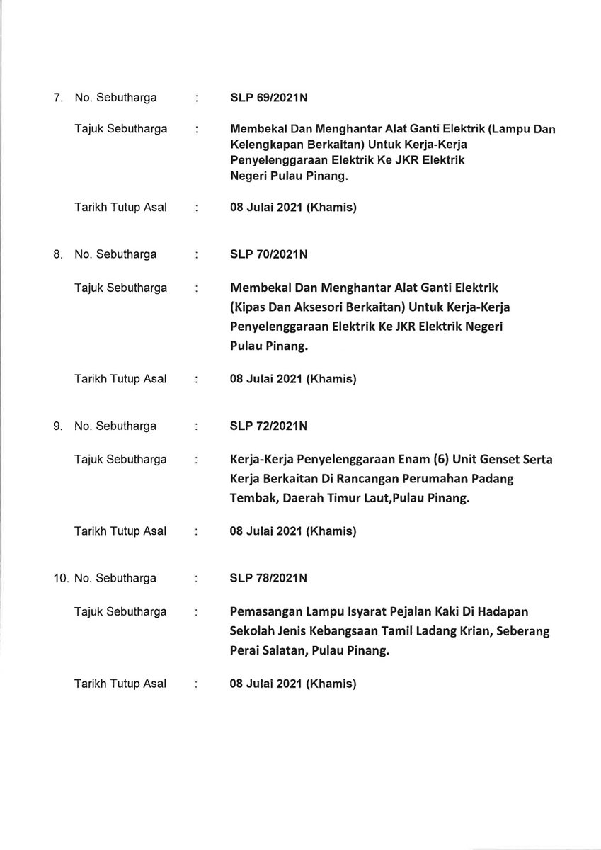 JKRPulauPinang's tweet photo. [NOTIS PEMBERITAHUAN]

Selaras dengan Kenyataan Media Menteri Kanan Pertahanan mengenai PKP &amp; PKPD dlm Fasa 1 PPN bertarikh 27.6.2021

Dimaklumkn bhw Tarikh Tutup Sebutharga dilanjutkn mengikut perkembangan semasa

Sebarang Pertanyaan boleh hubungi 04-6433575

Terima kasih.

1/2 https://t.co/1wWmmHWiCy