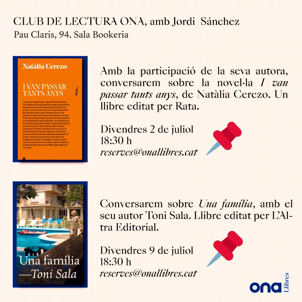 Juliol començarà amb una agenda plena d'activitats a Ona Pau Claris! Dos clubs de lectura on conversarem sobre 2 novel·les molt exitoses.

📙 « I van passar tants anys» <a href="/caroline_strike/">Natàlia Cerezo</a> 
⏰ 2 de juliol a les 18:30 h

📘«Una família» <a href="/ToniiSala/">Toni Sala</a> 
⏰ 9 de juliol a les 18:30 h