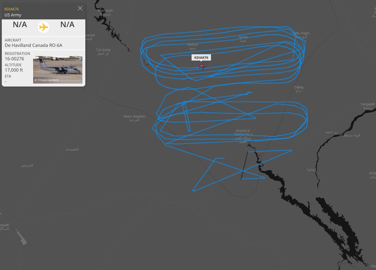 TheSnoopySnoop's tweet photo. #usarmy #KODIAK76 #RO6A doing some pattern work south of #Kirkuk #Iraq at FL170 #COMINT #IMINT
KODIAK76 | RO-6A | 16-00276
ARL-E Airborne Reconnaissance Low-Enhanced
#haveglass
#avgeek #planespotting #milair https://t.co/EZ3SeDDBnS