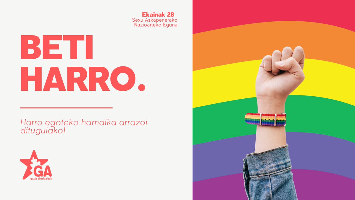 gazte's tweet photo. 𝗕𝗘𝗧𝗜 𝗛𝗔𝗥𝗥𝗢. 🏳️‍🌈 🏳️‍⚧️

✊🏿 Gure bizitza nahi dugun moduan bizitzeaz harro
✊🏾 Inposatutako roleen aurka matxinatzeaz harro
✊🏼 Zapalkuntza heteropatriarkatuari eta transfoboari egunero aurre egiteaz harro
✊🏻 Guztiontzako herri aske bat eraikitzeaz harro

#HarrotzekoASKATASUNA https://t.co/LFbQw7Z01I