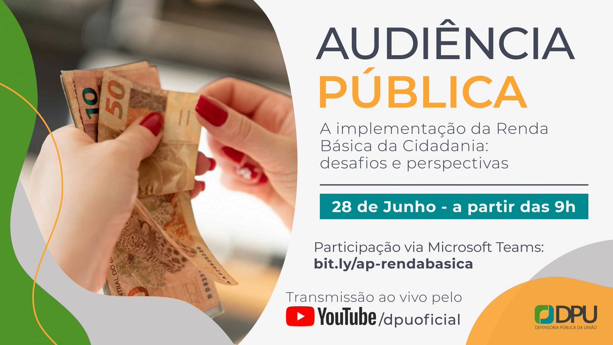 Acompanhe ao vivo,  a partir das 9h desta segunda-feira (28), a audiência pública A implementação da Renda Básica da Cidadania: desafios e perspectivas, pelo canal da DPU no YouTube youtube.com/channel/UC2EZg…