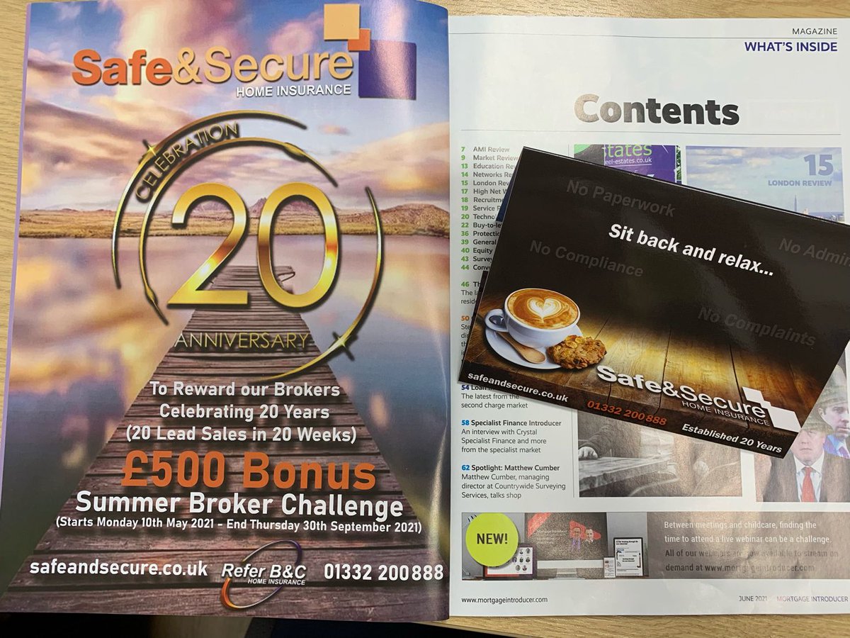 SafeSecureins's tweet image. @SafeSecureins are celebrating our 20th anniversary in style. Join our summer broker challenge to get a £500 bonus and sit back and relax while we sell it for you.

See page 4 of this months Mortgage Introducer along with a fold out insert.

#mortgages #insurance #broker