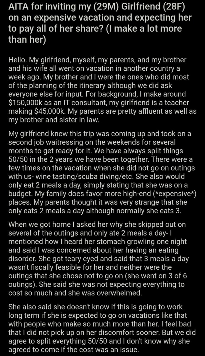 AITA for inviting my (29M) Girlfriend (28F) on an expensive vacation and expecting her to pay all of her share? (I make a lot more than her) bit.ly/3dmHTRs