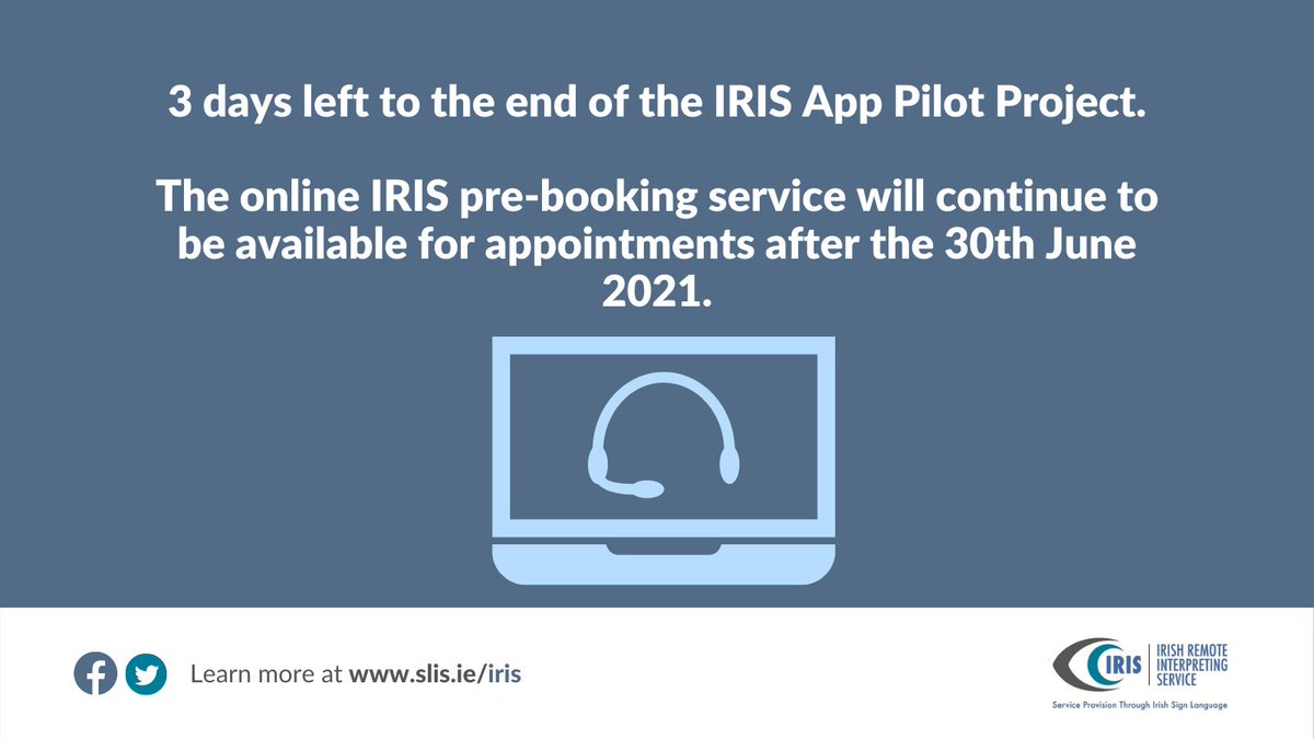 SLIS_Ireland's tweet image. 3 days left to the end of the #IRIS App pilot project. If you need to book an interpreter, please click the link slis.ie/iris/#remote-i…. 

#ISLinterpreters #equalaccess #vrs #IrishSignLanguage