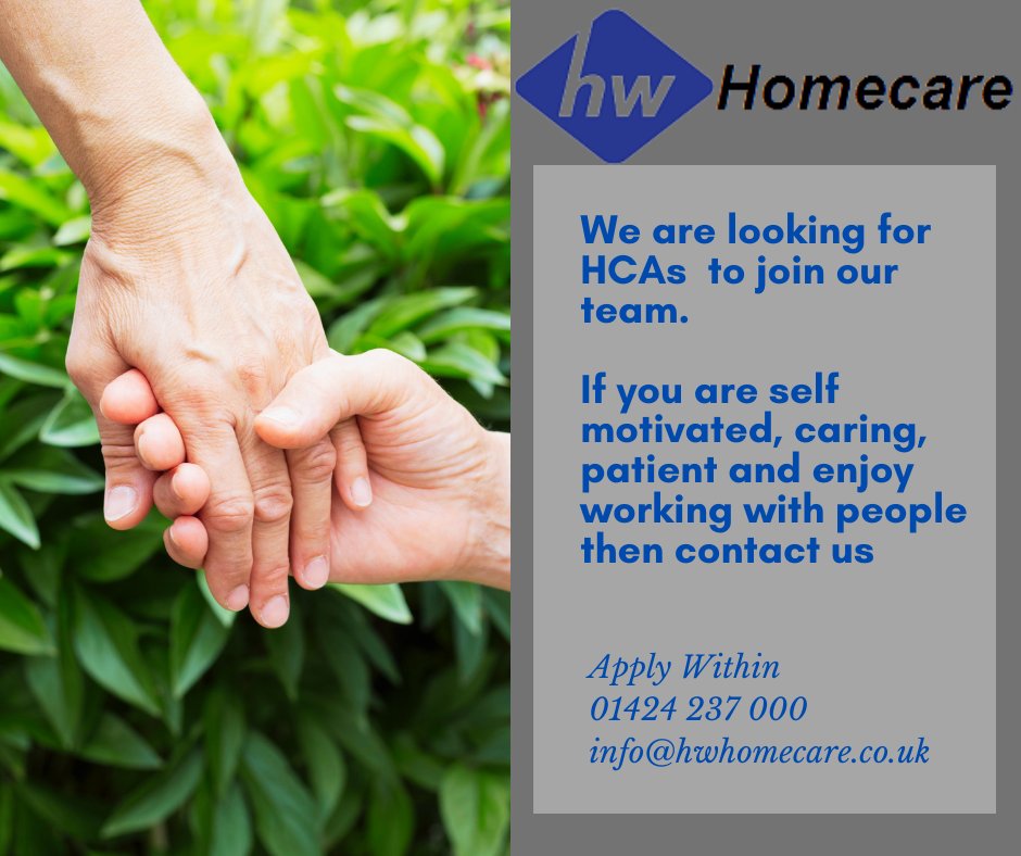 hwhealthcareltd's tweet photo. HW Homecare is looking for caring individuals to work with our clients in the Hastings and Bexhill areas......
If you are self motivated, caring, patient and enjoy working with people then contact us
Call: 01424 237 000
Email: info@hwomecare.co.uk https://t.co/PwdkQG2aNK