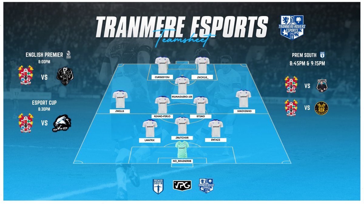 TRFCesports's tweet photo. 📢Team News mega📢

Here is our first line up for the opening night of the season in @OfficialVPG. The lads will be looking to get off to a winning start. GL everyone 

🏆-English League
🆚️ RETRIBUTION

🏆-Cup
🆚️ RAGNAROK

🏆-Prem South
🆚️ KONTER
🆚️ TEAM GOA

#SWA #TRFC https://t.co/pIyzrmFJft