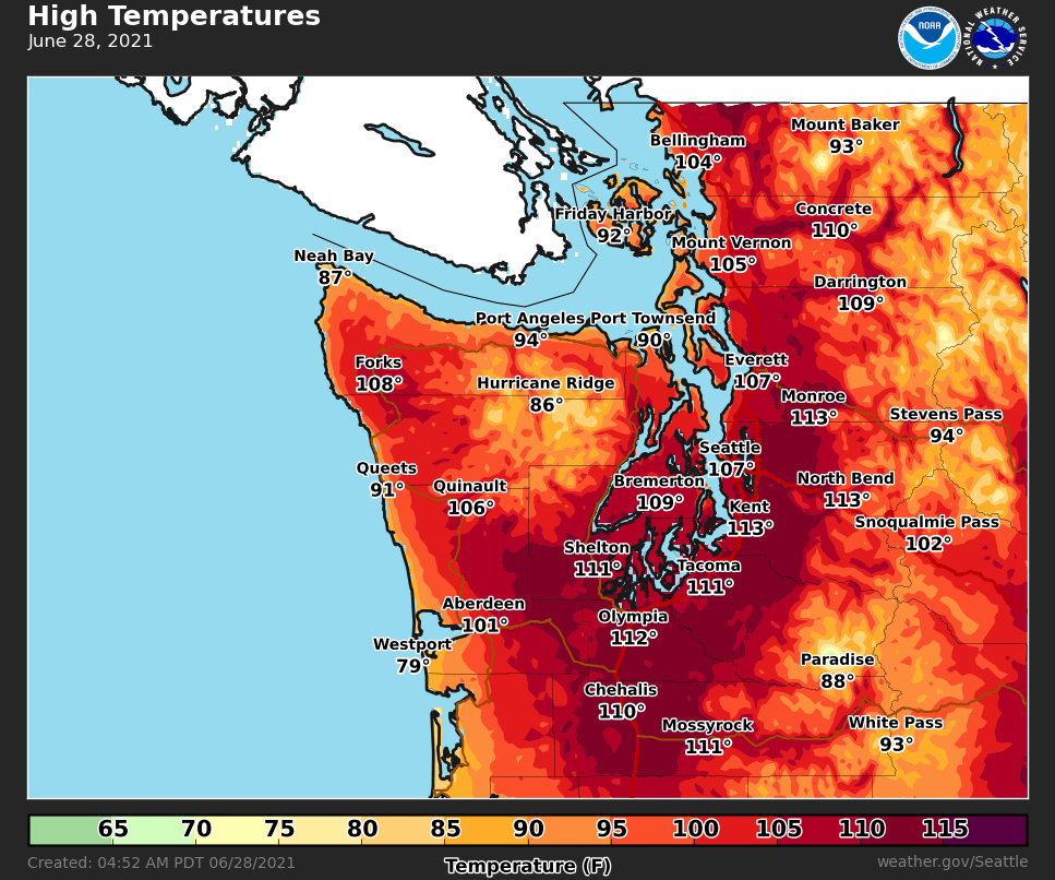 NWSSeattle's tweet photo. Another record breaking day of heat lies ahead for Western Washington. Along with this, high fire danger is expected today along and east of I-5 as conditions remain dry and easterly winds increase this afternoon. Use extreme caution today! #wawx https://t.co/Rhy6FhYwJj