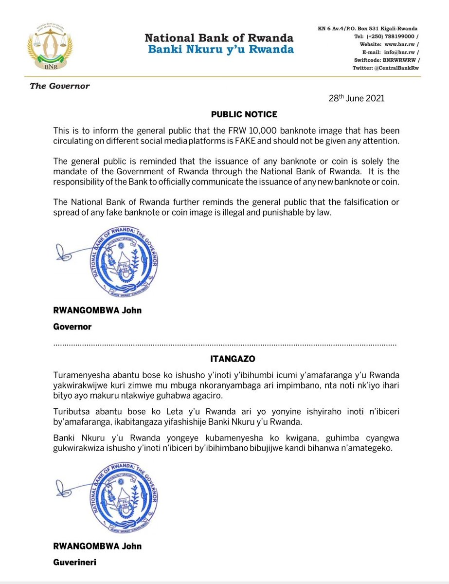 Centralbankrw Public Notice The Frw 10 000 Banknote Image Circulating On Different Social Media Platforms Is Fake Itangazo Ishusho Y Inoti Y Ibihumbi Icumi Y Amafaranga Y U Rwanda