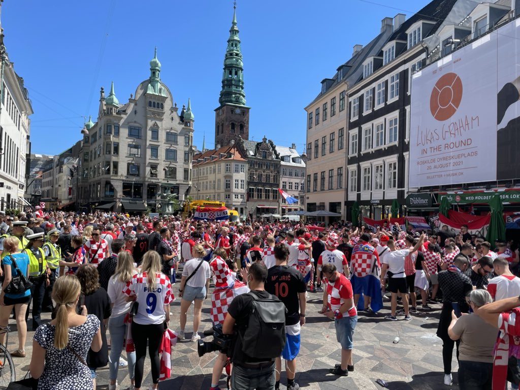 Croatia fans are out in force in central Copenhagen. Seem to outnumber Spain supporters by quite a bit. #EURO2020