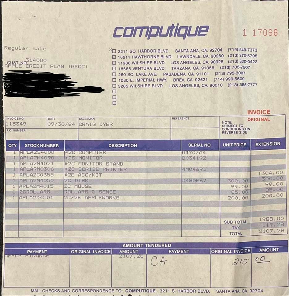 moorejh's tweet photo. An Apple IIc sales receipt from 1984. #apple #apple2 #apple2c #retrocomputing #TBT https://t.co/L63i3SZ6qz